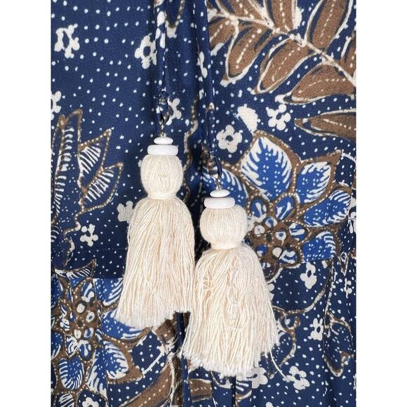 Cara Cara Tanglewood Dress Batik Navy Blue Midi Cinch Waist Long Sleeve Boho S - Picture 4 of 14